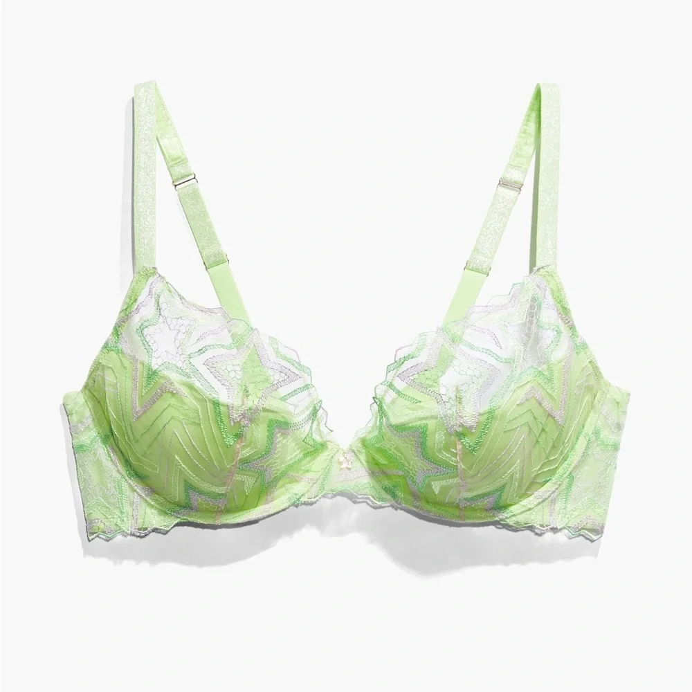 Savage X Fenty Shining Star lime green Embroidered Unlined Demi Bra size 38DD - Picture 2 of 12